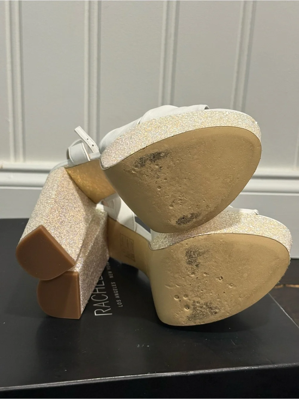 Rachel Zoe White Claudette Platform Sandals with Glitter Heel US 9